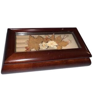 Vintage Bombay Co Musical Jewelry Box Wood Pressed Flowers Plays Love Story